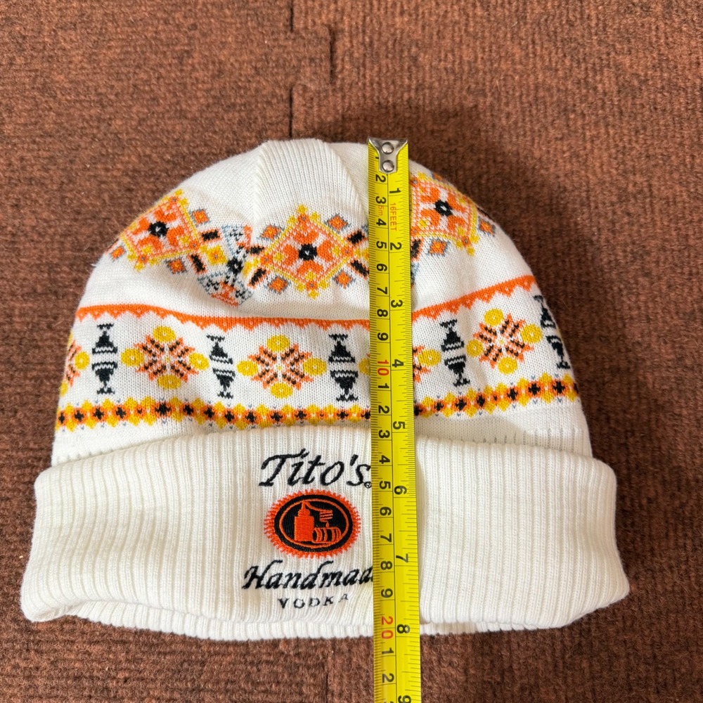 Tito's Handmade Vodka Beanie White Fair Isle Knit Fleece Lined Winter Hat - Picture 6 of 6